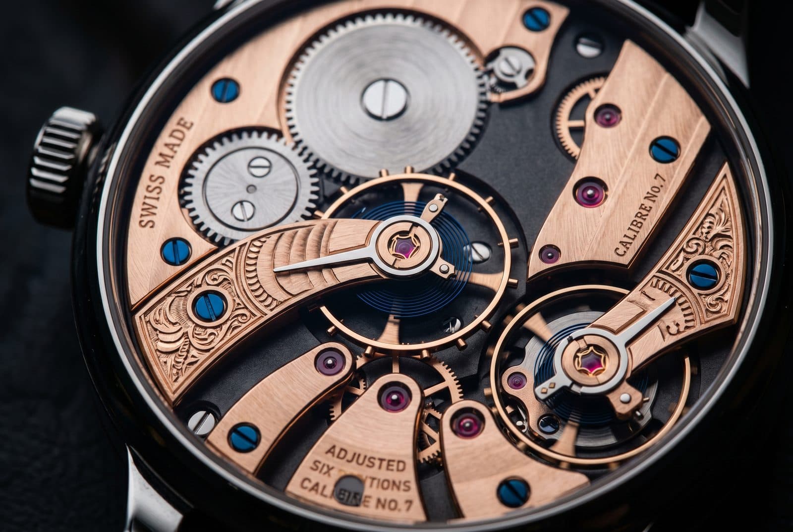 Swiss Made — mechanical watch movement, engraved and precisely adjusted